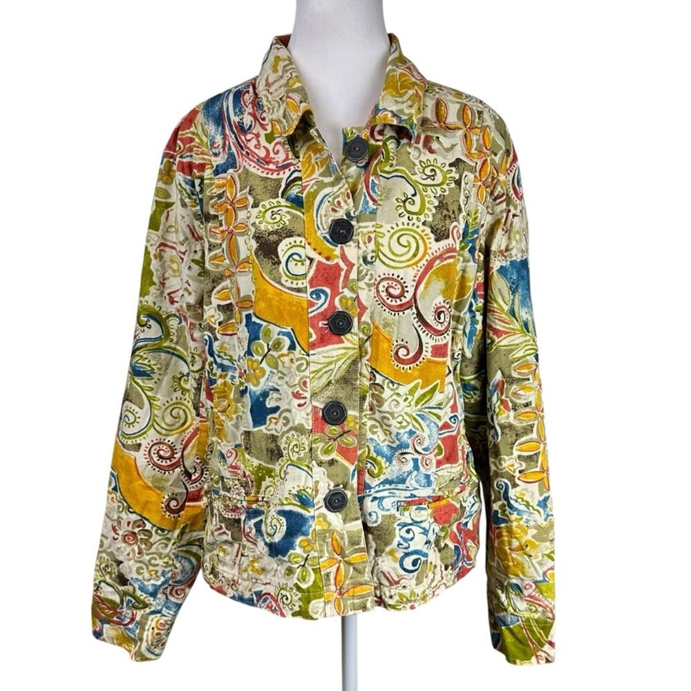 Chico's Colorful Paisley Button Front Jacket Size 3 XL Blue Orange Red Yellow
